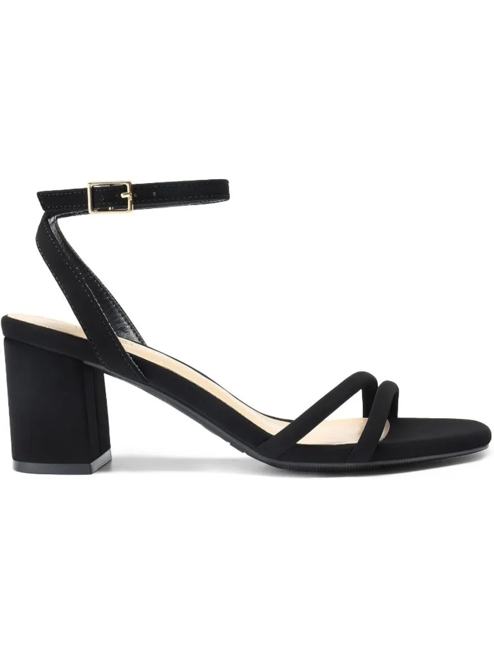 Women's Black Faux Leather Square-Toe Chunky Block Ankle Buckle Heeled Sandals